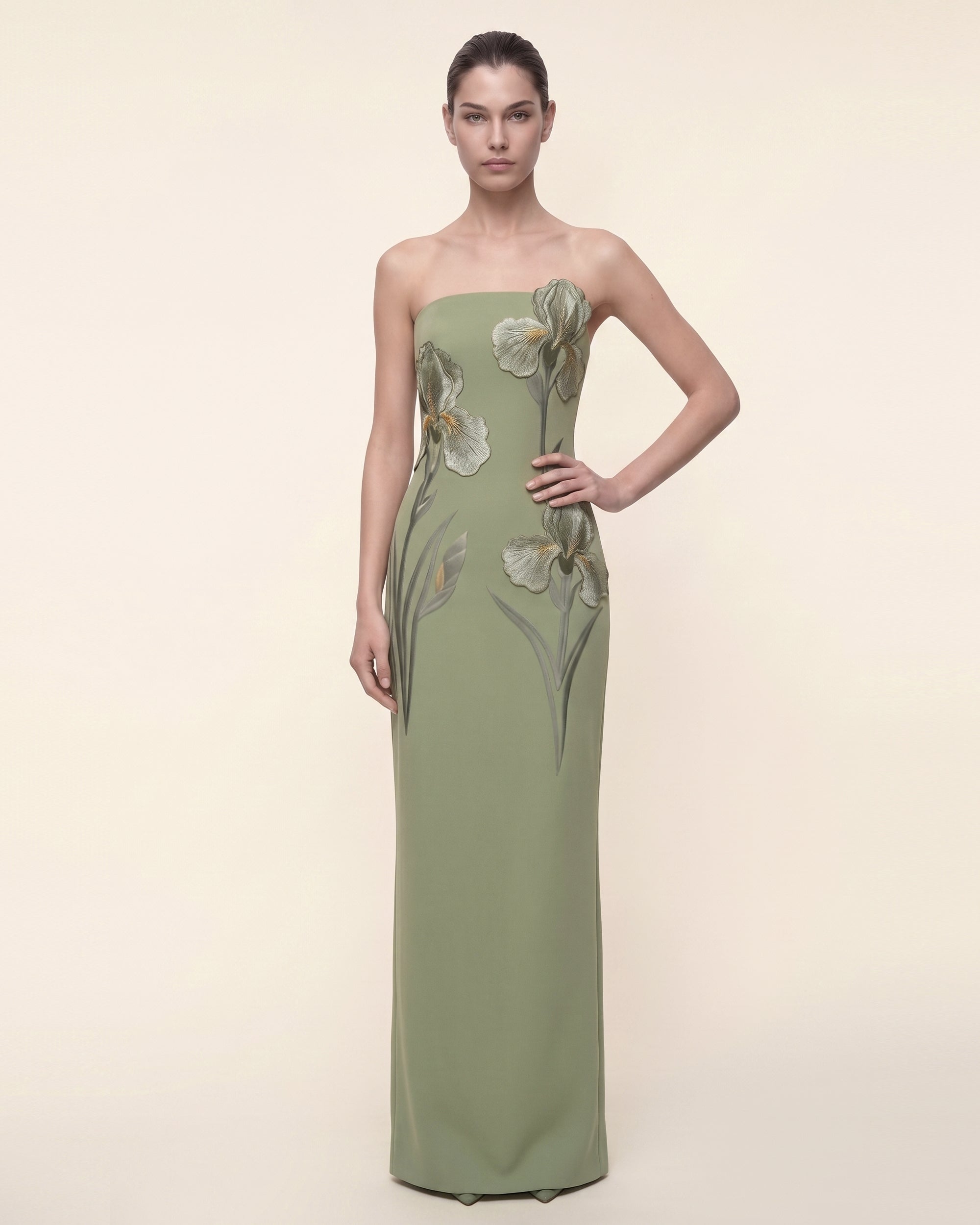 Iris Embroidered Strapless Maxi Dress - Sage Green