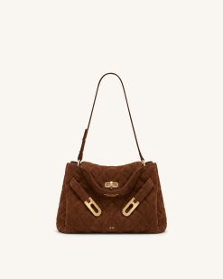 Rhea Faux Suede Quilting Double Buckle Shoulder Bag - Hazelnut Brown