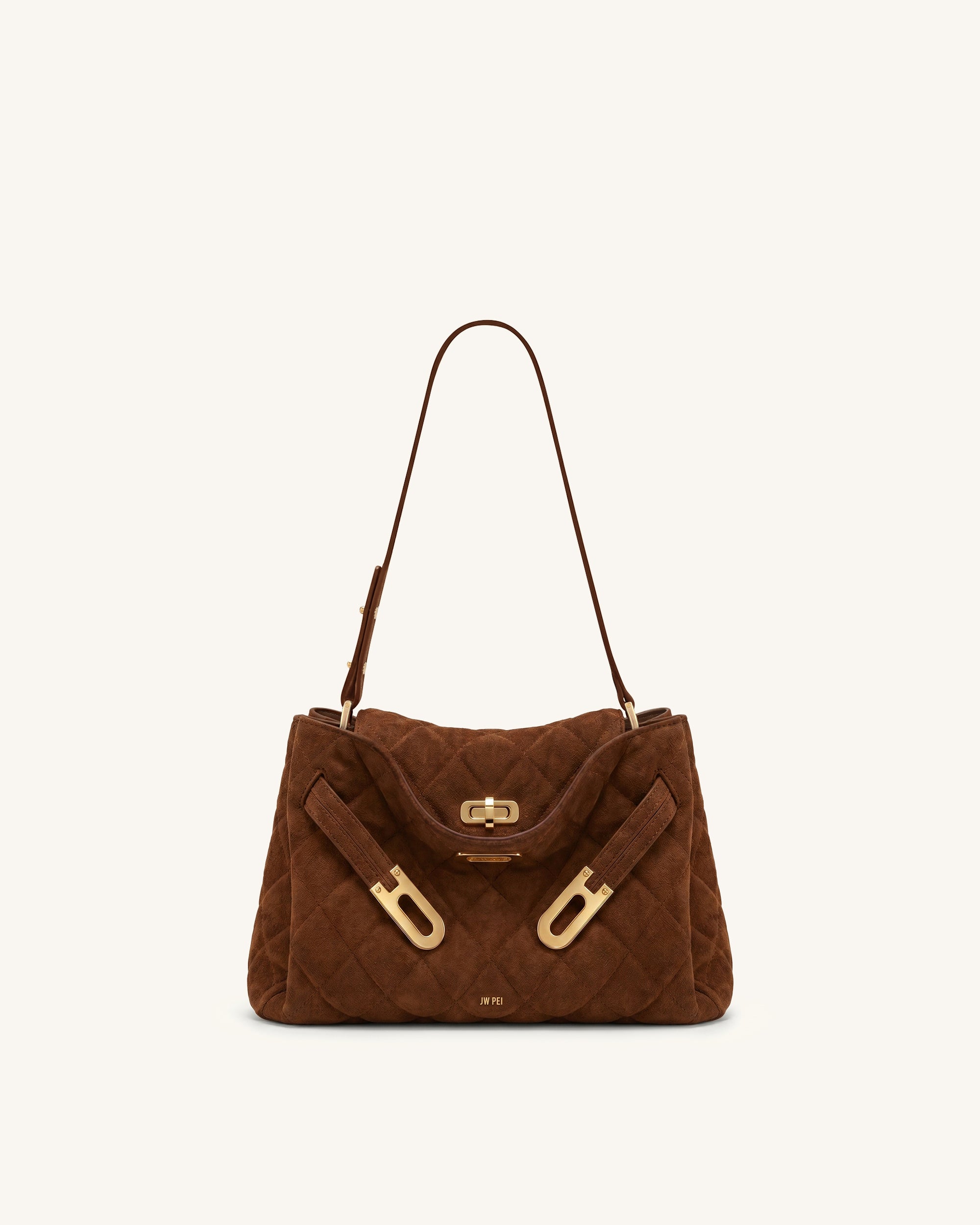 Rhea Faux Suede Quilting Double Buckle Shoulder Bag - Hazelnut Brown