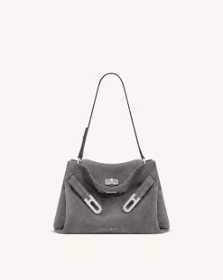 Rhea Faux Suede Double Buckle Shoulder Bag - Grey