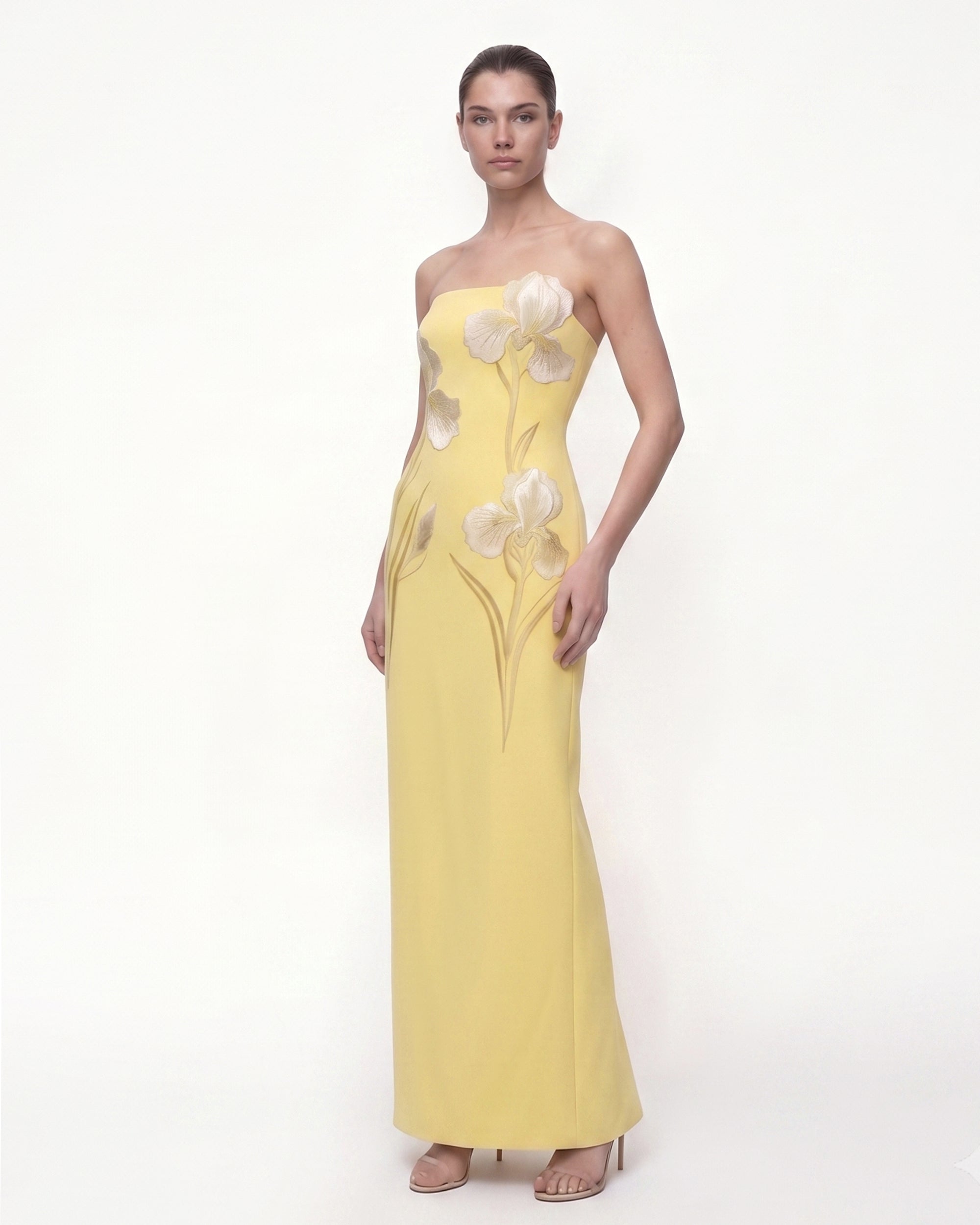 Iris Embroidered Strapless Maxi Dress - Light Yellow