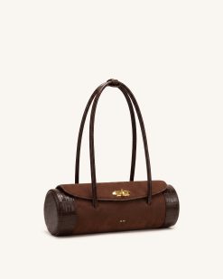 Alternative view of Maelis Faux Suede Croc-Trim Barrel Bag - Dark Brown